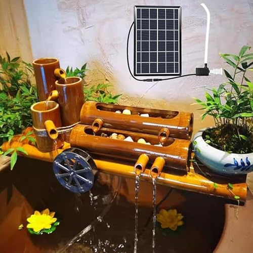Fuente de agua de bambú alimentada por energía solar con bomba, adorno de cascada zen al aire libre para decoración de patio, jardín y estanque