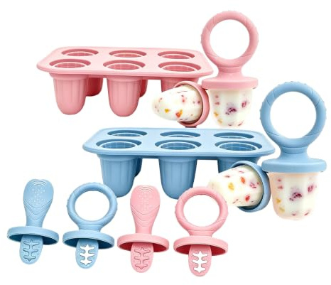 YOUZMY 2 pièces moules à glace en silicone pour enfants, avec 12 mini moules à glace (17 ml),sans BPA, moules à glace avec tiges d'anneau de dentition, moules à popsicle pour lait maternel (Bleu Rose)