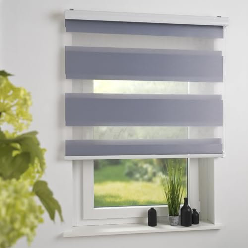 Liedeco Duo-Rollo Doppelrollo mit Kassette | B 140 x H 160 cm | Streifen - Silber | lichtdurchlässig