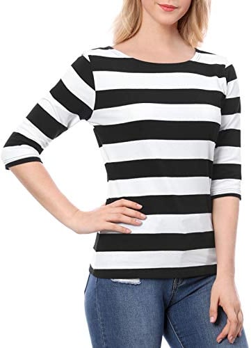 Allegra K Women's Elbow Sleeves Top Casual Boat Neck Slim Fit Stripe T-Shirt Black White 12