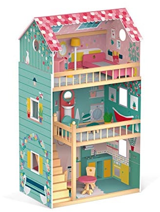 Janod - Maison de Poupée en Bois Happy Day - 3 Etages et 12 Accessoires Inclus - Jouet d'Imitation - Développer l'Imagination - Dès 3 Ans , J06580, Rose Vert