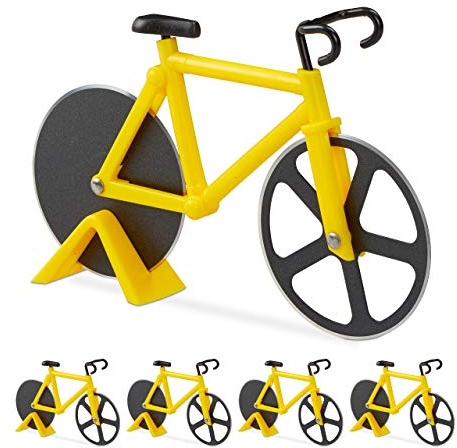 Relaxdays 5X Tagliapizza Bicicletta, Rotella per Pizza a Forma di Bici, Cutter da Cucina in Acciaio Inox, Tagliapasta, Giallo