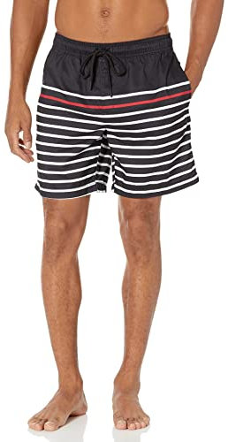 Amazon Essentials Short de Bain à Séchage Rapide Entrejambe 18 cm - couleurs abandonnées Homme, Noir Blanc Rayures, M