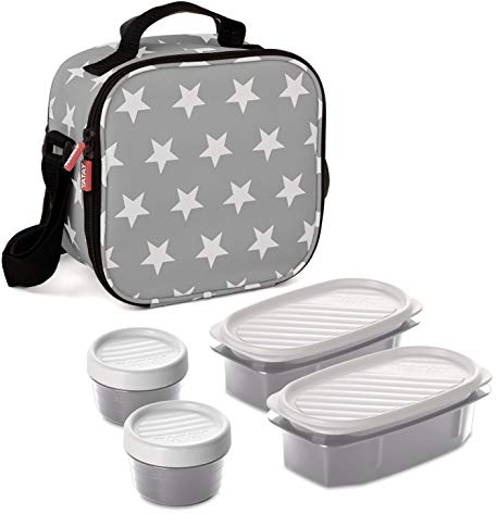 Tatay Sac Isotherme Repas, Capacité 3 L, Avec 4 Boîtes Hermetiques en Plastique (2 x 0,5 L, 2 x 0,2 L) Sans BPA, Gris Avec Des Étoiles. Mesure 22,5 x 10 x 22 cm