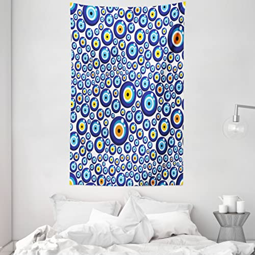 ABAKUHAUS Evil Eye Wandteppich und Tagesdecke, Turkish Traditional aus Weiches Mikrofaser Stoff Waschbar ohne Verblassen Digitaldruck, 140 x 230 cm, Orange Blau