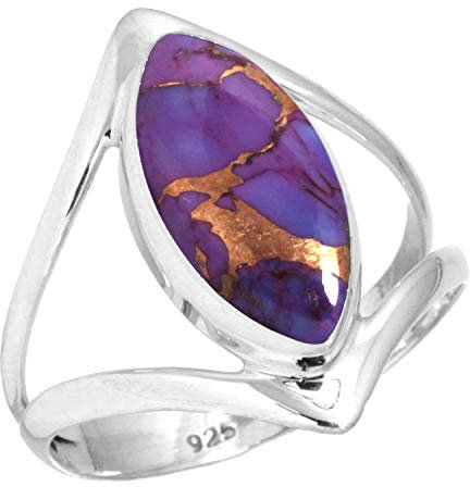 Jeweloporium Bague en argent et cuivre turquoise violet, taille 50,5, bague en argent sterling 925 pour femme, bijou bohème avec pierres précieuses marquise