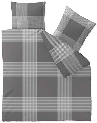 CelinaTex Touchme Biber Bettwäsche 200 x 220 cm 3teilig Baumwolle Bettbezug, Set, Bettgarnitur für Sommer und Winter, ganzjährig, pflegeleicht, Stine Karo grau anthrazit