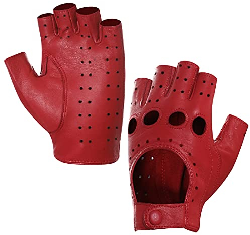 Harssidanzar Damen Halbfinger Lederhandschuhe für fahren Fingerlose Lammfell ungefüttert Handschuhe GL012,rot, größe L