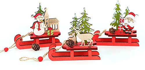 UFLF 3 Stück Weihnachtsdeko Holz Mini Weihnachtsschlitten Deko Weihnachten Miniatur Holzschlitten mit Rentier Weihnachtsmann Schneemann Weihnachtsschmuck Weihnachten Ornamente Tischdeko