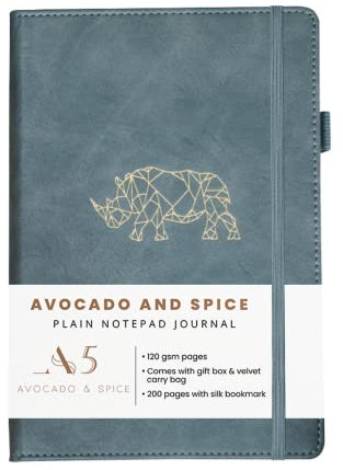 Avocado & Spice Notizbuch A5 Blanko – Zeichenblock A5 als Sketchbook A5, Notizblock usw. – A5 Scrapbook mit Geschenkbox, Samtbeutel, Lesezeichen, elastischem Band & Stifthalter, 200 Seiten, Grau