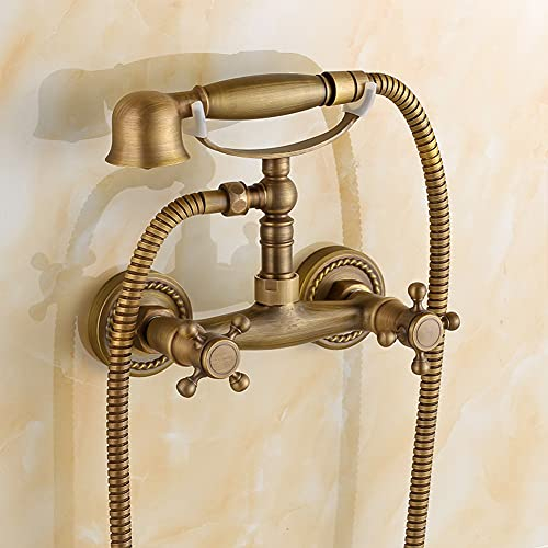 Gx Grifo Bañera con Alcachofa De Mano Dos Asas Latón Mezclador De Bañera Montaje En Pared, Incluye Soporte Y Manguera De 150 Cm, Grifo De Ducha, Antiguo