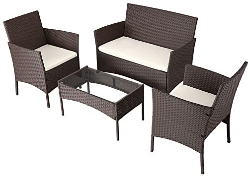 BAKAJI Set Salotto Completo di Divano 2 Poltrone e Tavolino in Vetro e Rattan Struttura in Acciaio Zincato con Cuscini Sfoderabili Arredo Giardino Terrazzo Design Moderno Colore Marrone