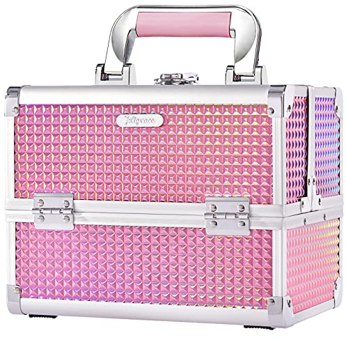 Vanity Case Makeup Storage Box with Mirror Beauty Storage Box Travel Makeup Case Portable Cosmetic Train Case Make Up Organiser Lockable with Keys for Girls Women, Dazzle Pink