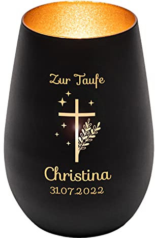 Windlicht mit Gravur zur Taufe | Schwarz/Bronze | Motiv Kreuz mit Sternen | Geschenk zur Taufe Junge Mädchen | Tischdeko und Taufgeschenk personalisiert | Teelichtglas | Teelichthalter