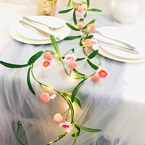 Guirlande de Pêcher de Fruits Artificiels,Branches de Fleurs de Pêcher à Feuilles Suspendues Plantes Chaîne de Vigne Lumière Féerique pour Mariage Noël Maison Décoratif (La Pêcher Chaîne Lumière)