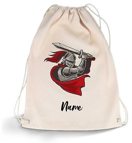 GRAVURZEILE Bedruckter Turnbeutel - mit Fantasy Motiv und Wunschname - Sportbeutel Rucksack Daypack Gymbag mit Kordelzug - für Jungen & Mädchen - 12 Liter 33x45 cm - Farbe: Ritter