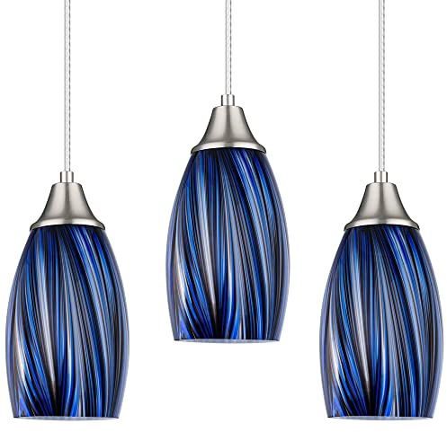 karyfine Lot de 3 mini suspensions en verre bleu foncé pour îlot de cuisine en verre soufflé avec finition nickel brossé pour cuisine, évier, salle à manger