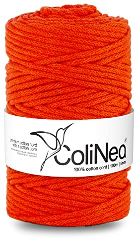 ColiNea Baumwollkordel mit Baumwollkern 5 mm 100m Baumwollgarn DIY Makramee Stricken Cotton Cord orange ideal für Makramee Handwerk Baumwollseil für Basteln