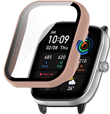 GIOPUEY Cover Compatibile con Amazfit GTS 4 Mini, Pellicola Protettiva Vetro + Cornice in Plastica Rigida, Protezione a 360°, Amazfit GTS 4 Mini Custodia - Pink