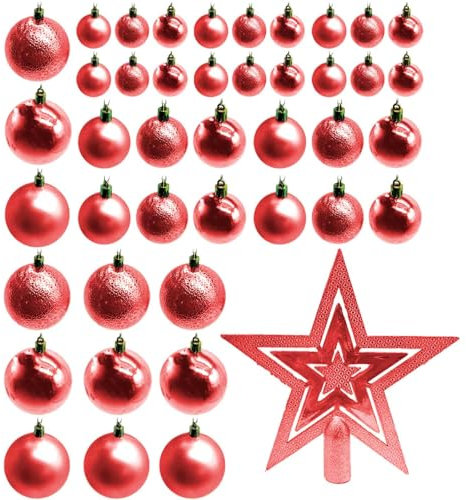 Tradineur - Set de 42 Bolas de Navidad de Color Rojo con tamaños y diseños Surtidos y 1 Estrella en Rojo, Ideal para completar el arbol navideño. Set para Decoracion navideña.