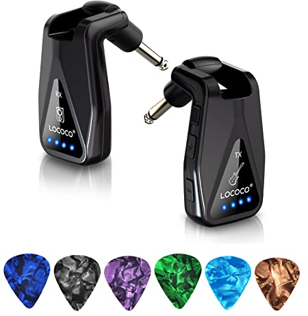 LOCOCO Sistema per Chitarra Senza Fili, Trasmettitore e Ricevitore per Chitarra Wireless Ricaricabili UHF per Chitarra/Basso Elettrico/Pianoforte Elettronico
