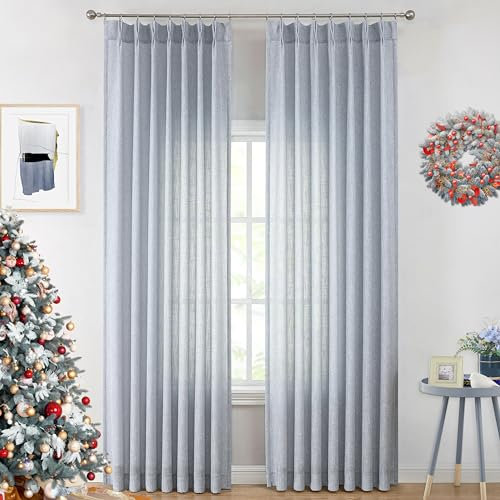 Vision Home Blaue Plissee-Vorhänge, strukturiert, lichtfilternd, für Wohnzimmer, Schlafzimmer, Viskose-Mischgewebe, Chambray-Blau, Quetschfaltenvorhänge mit Haken, 2 Paneele, 101,6 cm B x 213,3 cm L