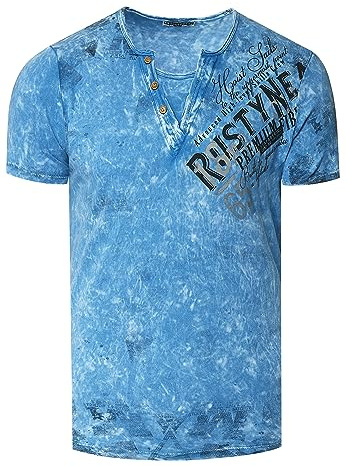 T-Shirt Herren Verwaschen Used Look Seitlicher Logo Print Rundhals mit Knopfleiste V-Neck Optik 240
