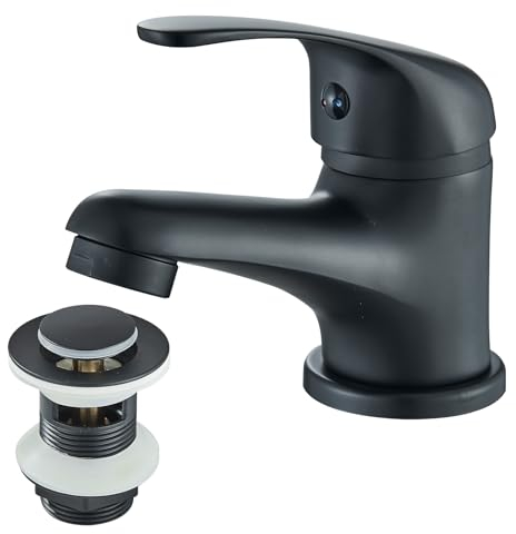 TVTIUO Robinet de Lavabo de Salle de Bain Noir, Mitigeur à Levier Unique en Laiton Chromé avec Vidage Pop Up