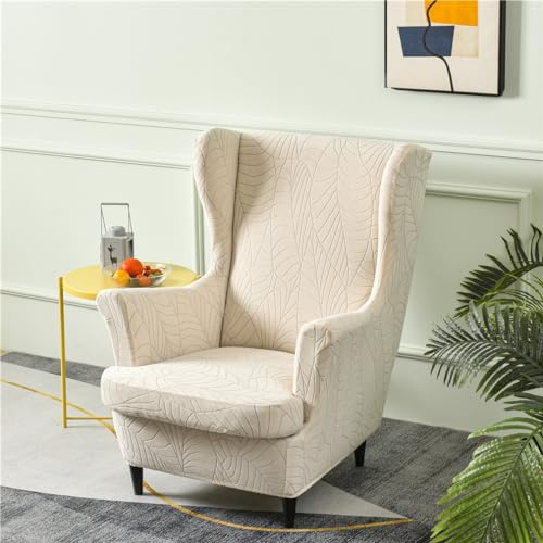 Highdi 2-Teilig Ohrensessel Überzug, Sessel-Überwürfe Ohrensessel Einfarbig Pflanzen Jacquard Schonbezüge Bezug Sesselhusse Strandmon Tiger Stuhlbezug mit Armlehne Hohe Rückenlehne (Beige)