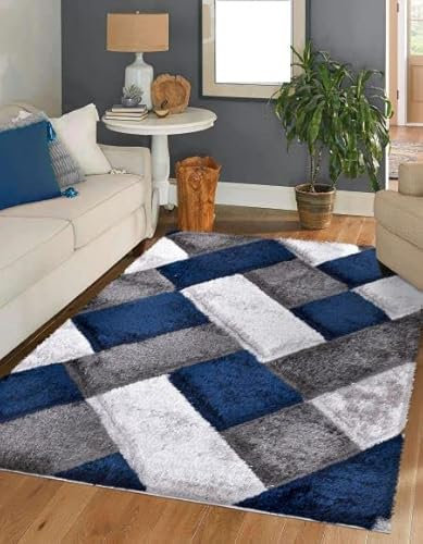 3D Shaggy Rugs Modern Geometric Design Large Area Rugs for Living Room Bedroom Thick Fluffy Floor Mats Small Door Mat (Blue, 160 x 230 cm)
