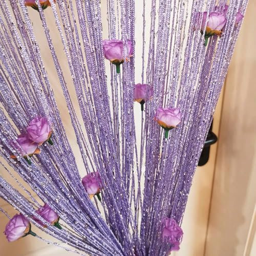 Fadenvorhang mit Rosen,String Türvorhang Fensterdekoration,Dekorative Gardine,Raumteiler Dekoration,Wohnaccessoires,Schaufensterdekoration,Fliegenschutz für Party,Hochzeit,Café,Restaurant,Lila