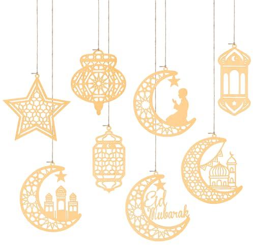 Ramadan Deko Holz, Ramadan Dekoration Set, Ramadan Mubarak Eid Dekoration Kareem Holz Anhänger Ornament Mond Stern WindDeko Hängendes für Muslim Party Dekorationen