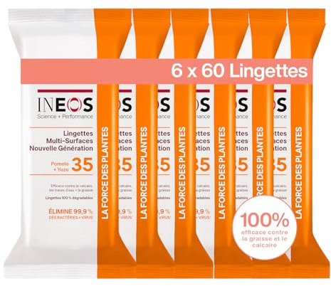 INEOS Lingettes Multi-Surfaces, Compostables, Efficace Contre La Graisse Et Le Calcaire, Elimine 99.9% Des Virus Et Des Bactéries, Parfum Pomelo et Yuzu, 6 x 60 Lingettes