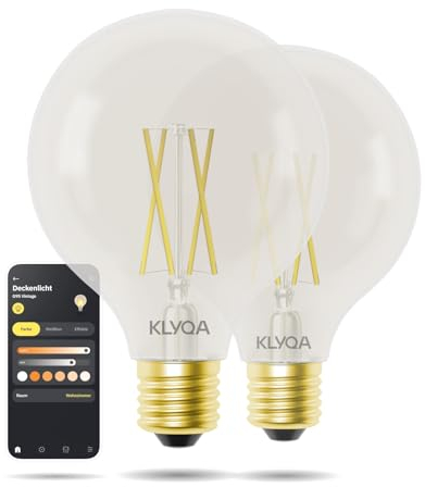 Klyqa G95 Vintage LED Glühbirne E27 I Retro-Design I Im Style der Edison-Birne I Smarte Glühbirne mit Kalt- & Warmweiß & Helligkeitsgraden I Kompatibel mit Smart Home Lösungen (2 Stück)