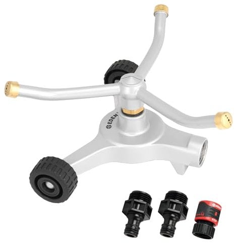 Eden 94129 Metal 3-Arm Revolving Sprinkler on Wheel Base W/Quick Connect Starter Set, Heavy Duty, Garden Hose Sprinkler, Lawns, Circular, Coverage up to 1390 sq.ft