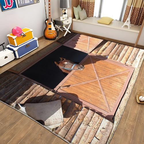 Teppich 80 x 150cm Pferdestall braunes Pferd Kinder Teppich Dekoration Schlafzimmer Kinderzimmer Wohnzimmer, Modern rutschfest Waschbar Flanell Kinderteppiche Heimdekoration