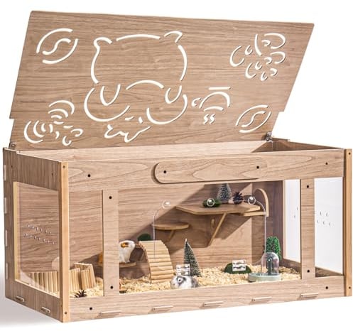 MEWOOFUN Hamsterkäfig aus Holz groß für Goldhamster – 100 x 50 x 50 cm Lebensraum für Kleintiere, großer Hamsterkäfig transparent zum Betrachten, Café Thema