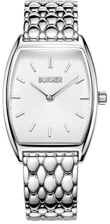 BURKER Damenuhr Grace, Oval Damen Armbanduhr Gliederarmband Edelstahl Analog Quarz 3-ATM Wasserdicht - 25 mm - Silber Weiß