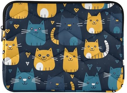 Laptop Sleeve Case Cat Cartoon Pattern on Blue Black Background 13-14 Inch Soft Lining Laptop Sleeves Computer Bag with Zipper for Travel Business