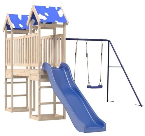 vidaXL Spielturm, Klettergerüst mit Brücke Rutsche Schaukeln, Kinder Kletterturm Spiel-Zubehör für Garten, Holz Spielplatz Spielhaus, Massivholz Kiefer