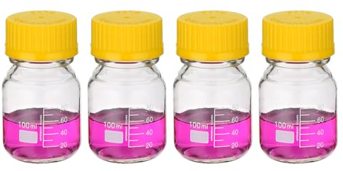 PATIKIL 4 Pack Reagent Media Storage Bottles, 100ml Borosilicate Glass Graduated Round Bottles with GL32 Yellow Screw Cap for Lab Water Reagent Liquids, Clear