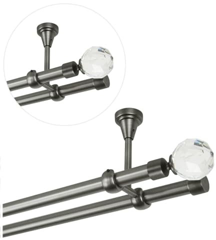 Gardinenstange 320 cm für Deckenmontage, Vorhangstange 19 mm 2-läufig Antik Stahl, Gardinenstangenset mit Kugel Kristall