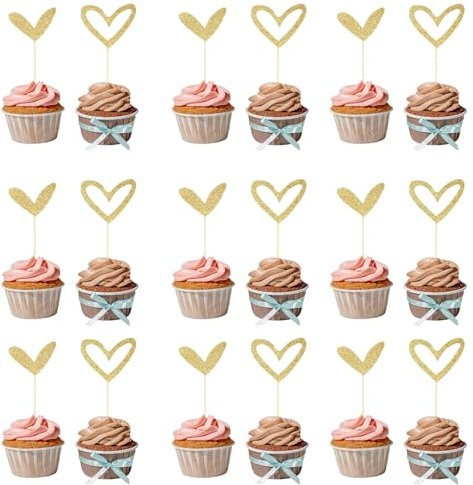 Gold Glitter Herz Cupcake Topper, 24 Stück Herzförmiger Kuchenaufsatz, Liebeskuchen-Einsatz, Herzförmige Deko-Aufhängung für Geburtstage, Jubiläum, Hochzeit, Party Dekorationen