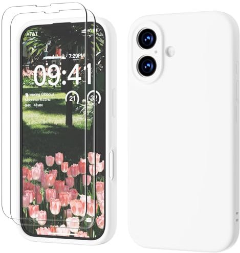 GOODVISH 3 IN 1 for iPhone 16 Case 6.1 inch, Upgraded Camera Protection, 2X HD Screen Protector, Liquid Silicone Anti-Scratch Shockproof Gel Rubber Anti-Fingerprint Phone Case Cover, White