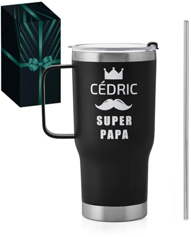 Maverton Mug Isotherme avec Paille 600ml - Mug Personnalisé Noir en Acier Inoxydable avec gravure - Garde Chaud 6h / Froid 10h - Cadeau Papa - Cadeau Fete des Peres le meilleur papa