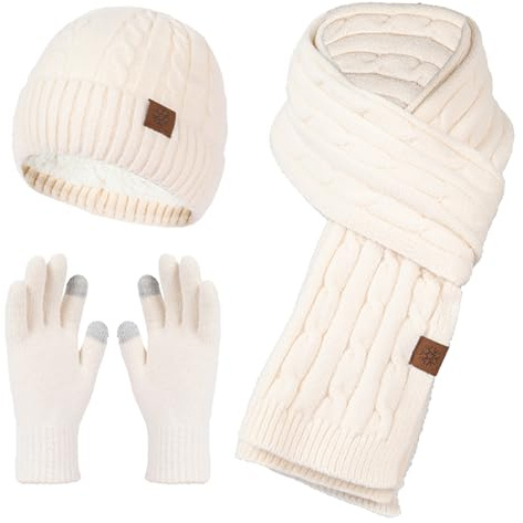 SERTAS Damen Winter Mütze Schal Touchscreen Handschuhe Set Beanie Mütze Damen Winter mit Bommel Fleece Gefütterte, Winterhandschuhe Geschenk für Frauen(Beige 3, Einheitsgröße)