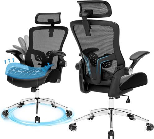 Luckyear Bürostuhl 180kg, Ergonomisch Schreibtischstuhl, Computerstuhl, Drehstuhl, Bürostühle, Netzstuhl mit Verstellbarer Kopfstütze Lendenwirbelstütze Klappbaren Armlehnen und Latexsitzkissen