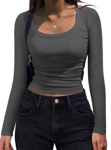 HOTOUCH T Shirts for Women UK Long Sleeve Scoop Neck Shirts Casual Slim Fit Rib Knit Tops Autumn Winter Basic Business Work Tee Dark Grey S