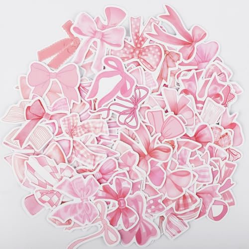 100st Rosa Schleife Aufkleber, PVC Wasserfest Bow Stickers Süß Coquette Stickers Bow Vintage Schleifenaufkleber für Wasserflasche Laptop Tagebuch Telefon Tagebuch Mädchengeschenke