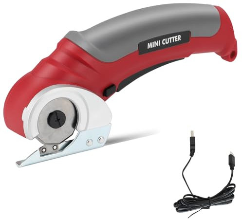 Forbici Elettriche per Tessuti, Taglierina Elettrica Cordless Ricaricabili con 2000 mAh, 240 corse/min, Lama in Acciaio SK5, Taglierina per Cartone, Tessuti, Moquette e Pelle(Rosso)